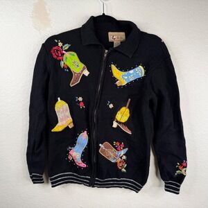 Vtg Don't Mess With Texas Sweater Cardigan Embroidered Cowgirl Boots Black Sz S